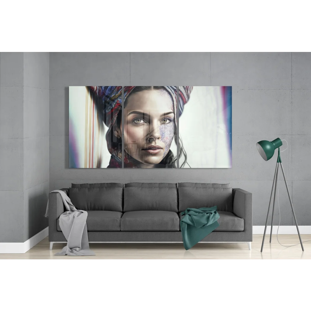 Vibrant African woman glass wall art triptych canvas above gray sofa