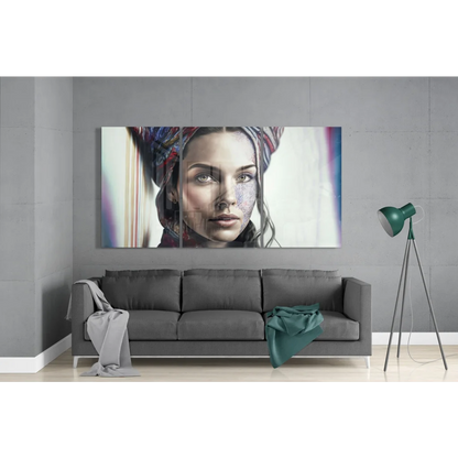 Vibrant African woman glass wall art triptych canvas above gray sofa