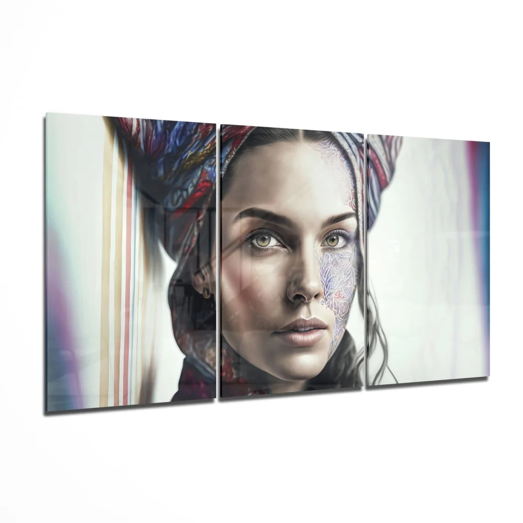 Stunning African woman glass wall art triptych with facial tattoos