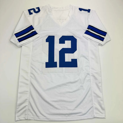 White mesh custom jersey with blue number 12 and stripes, perfect for professional sports fans