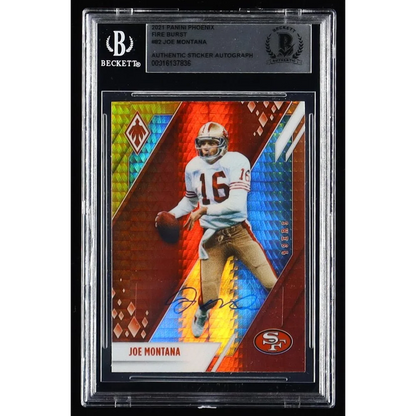 Beckett encapsulated 2021 Joe Montana Fire Burst trading card with authentic autograph