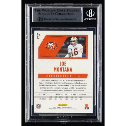 Joe Montana graded football card in Beckett Encapsulated Fire Burst BGS
