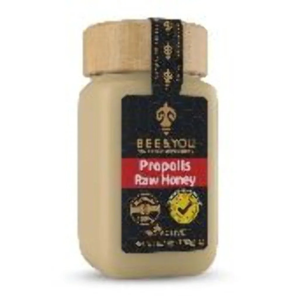 Bee & You 6.7 oz propolis raw honey mix in beige jar with bamboo lid