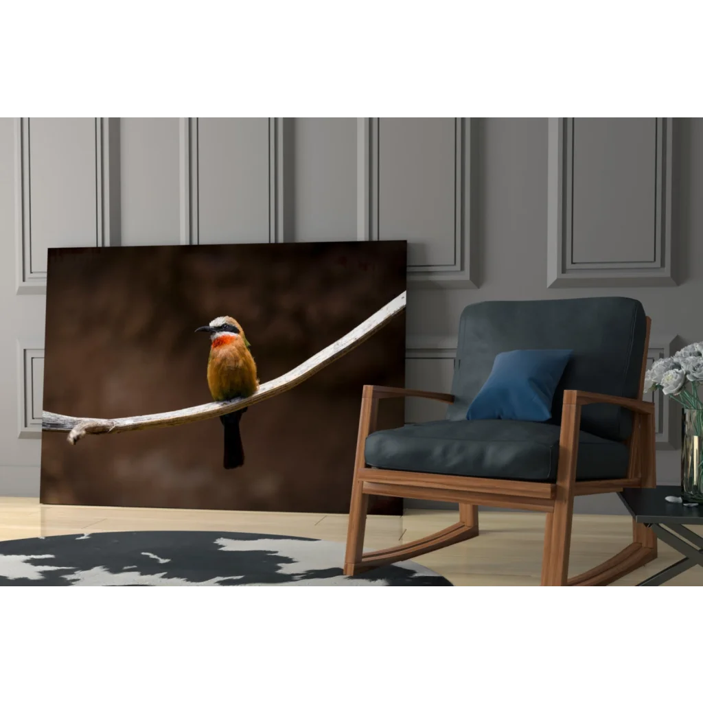 Vibrant orange bird canvas wall art on moody dark branch background