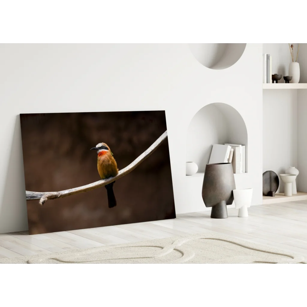 Vibrant orange bird canvas wall art on moody background