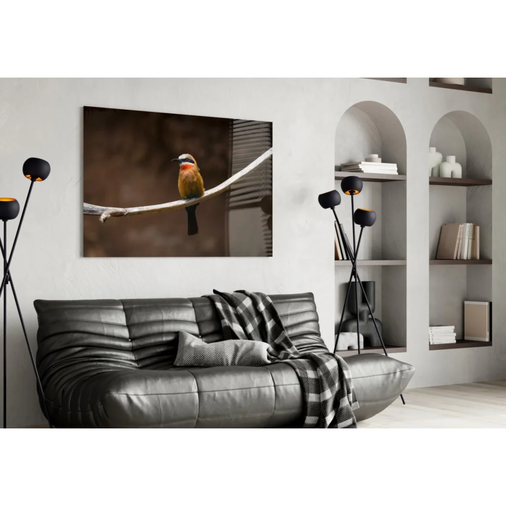 Vibrant orange bird canvas wall art on moody dark background