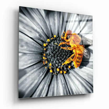 Vibrant orange bee on flower in selective color glass wall art