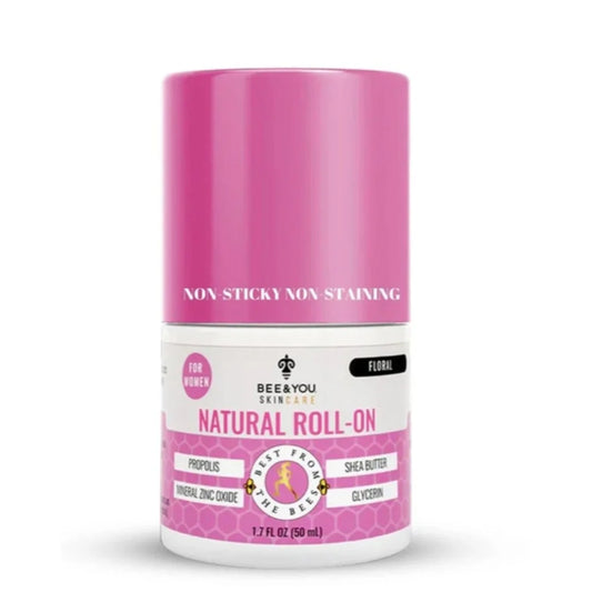Bee&You roll-on deodorant with shea butter, pink hex design for women