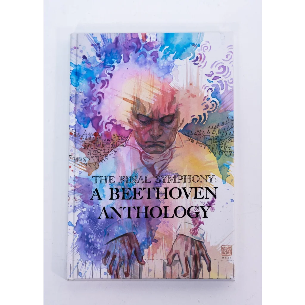 Watercolor-style Beethoven at piano in hardcover graphic from Beethoven Anthology Final Symphony