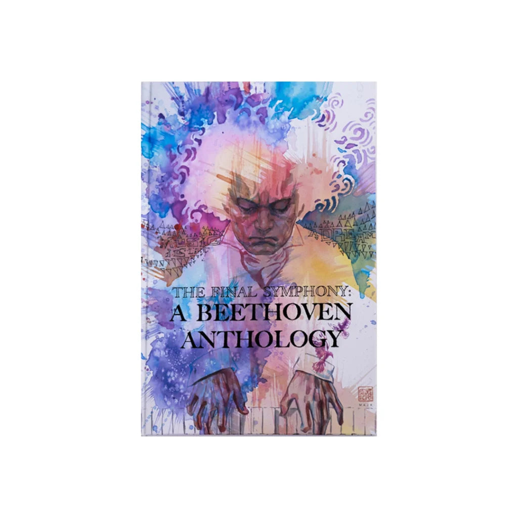 Watercolor Beethoven book cover at piano for Beethoven’s 250th Birthday Comic Anthology