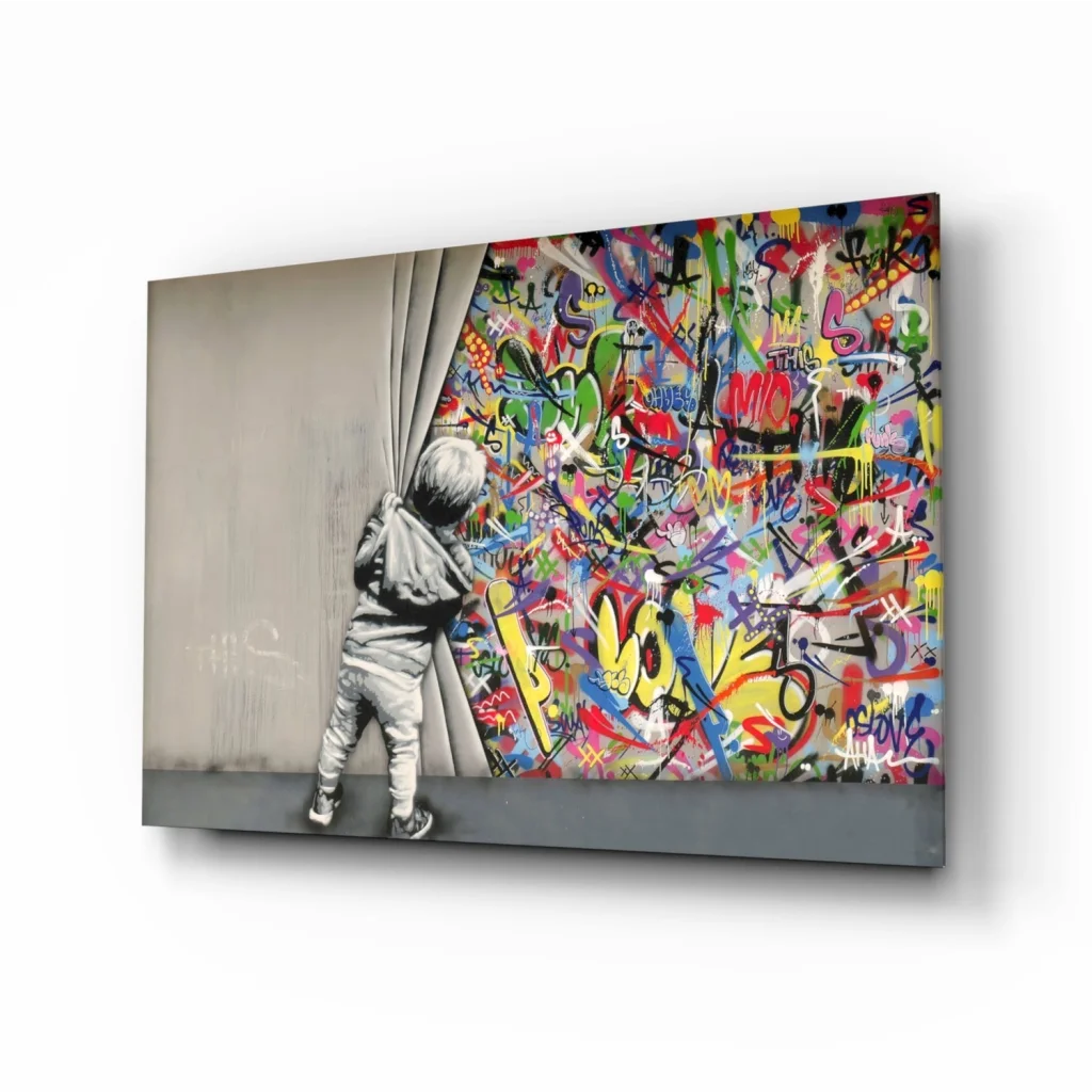 Vibrant graffiti child canvas wall art print revealing urban scene