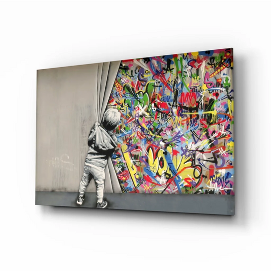 Vibrant graffiti child canvas wall art print revealing urban scene