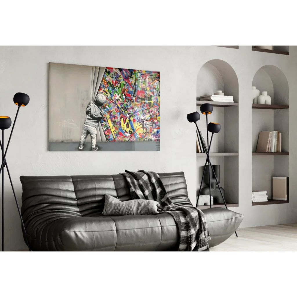 Vibrant graffiti child canvas wall art print revealing colorful street scene