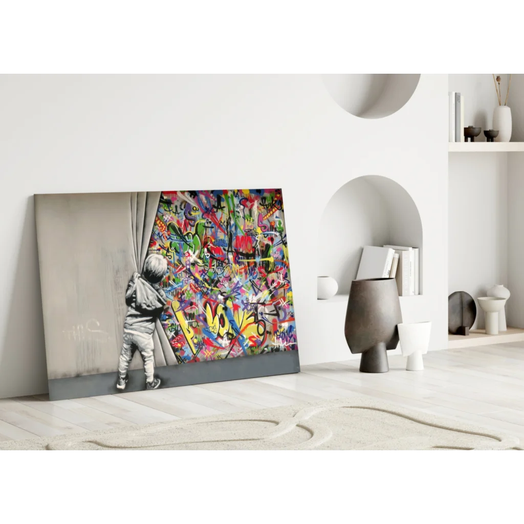 Vibrant urban graffiti child canvas wall art print revealing street colors