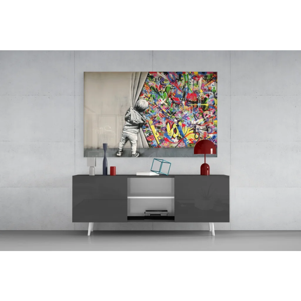Vibrant urban graffiti child canvas wall art print with colorful street scene