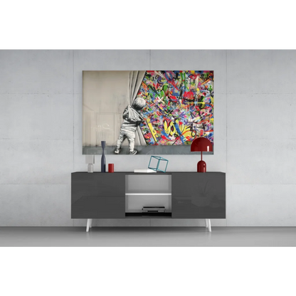 Vibrant urban graffiti child canvas wall art print with colorful street scene