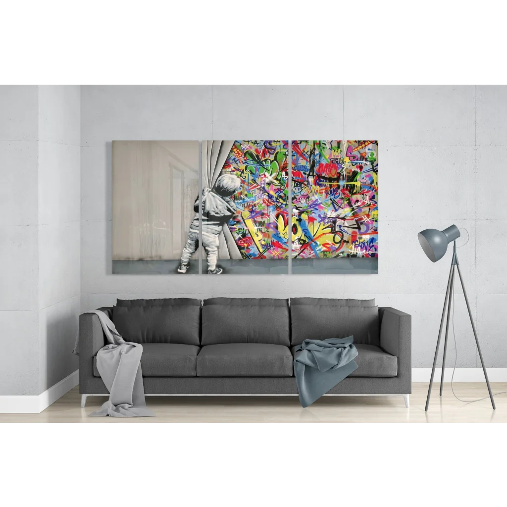 Grayscale child reveals colorful graffiti explosion in Insigne Glass Art triptych