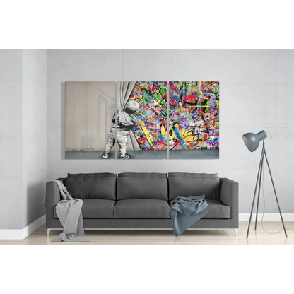 Grayscale child reveals colorful graffiti explosion in Insigne Glass Art triptych