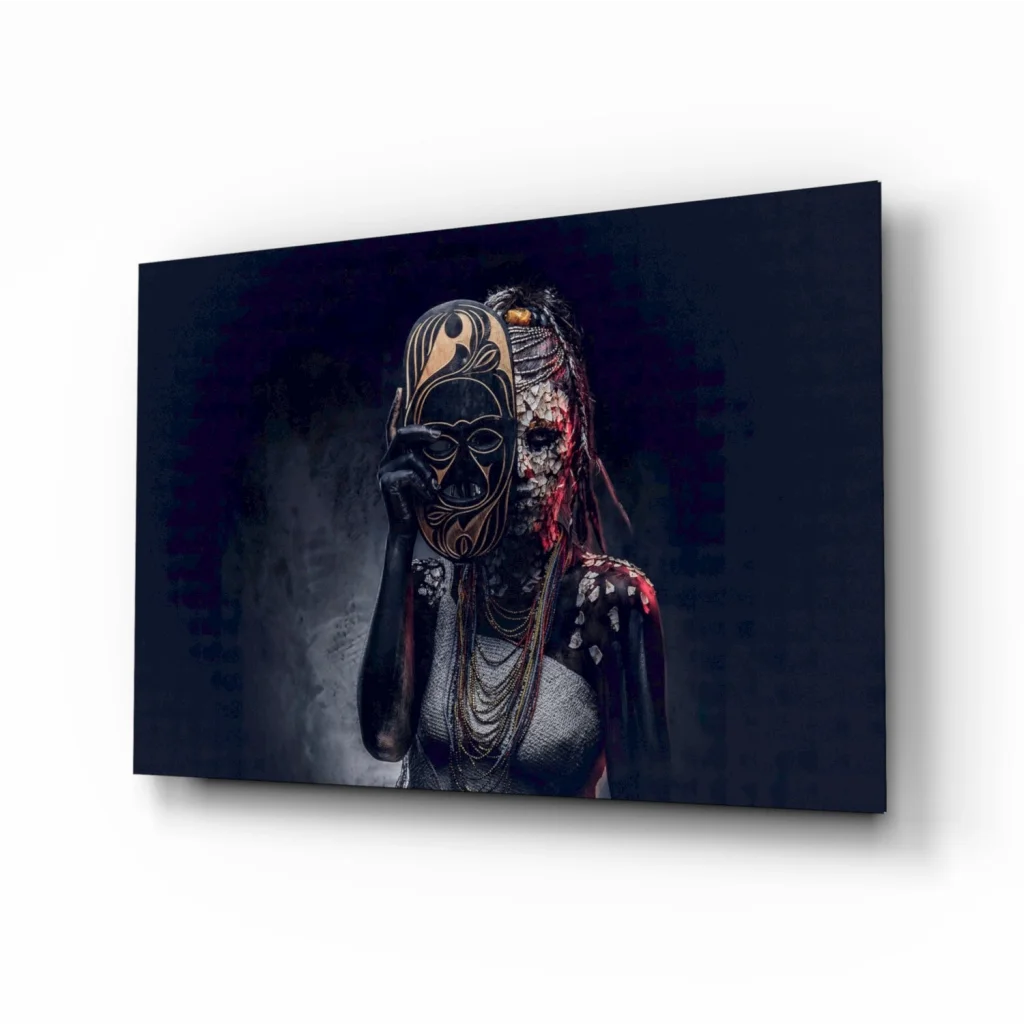 Ornate black and gold mask on moody canvas wall art