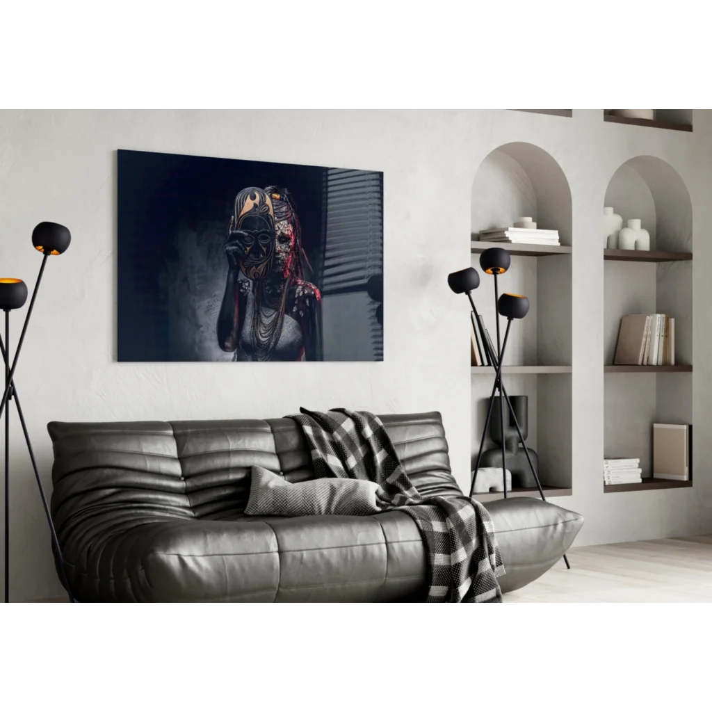 Ornate gold mask canvas wall art with intricate dark blue details