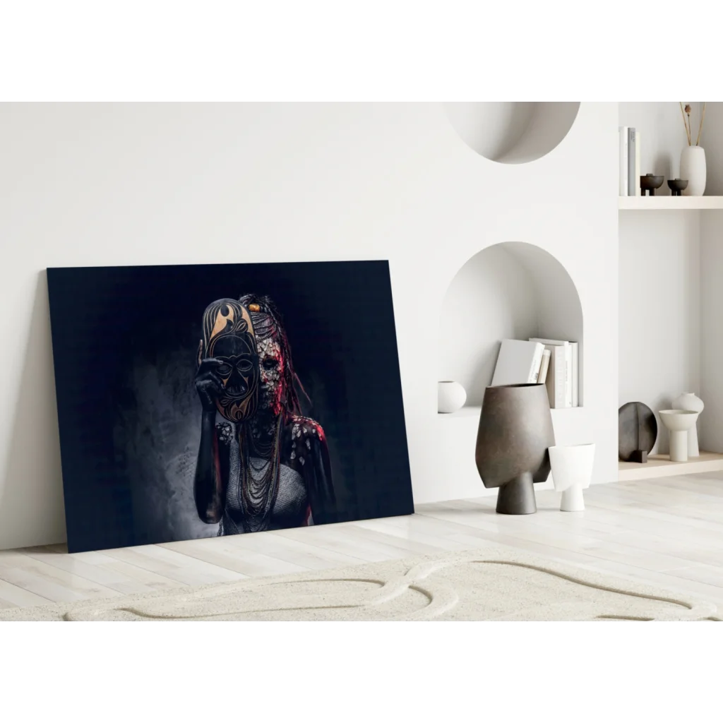 Ornate gold mask wall art canvas print with intricate red details
