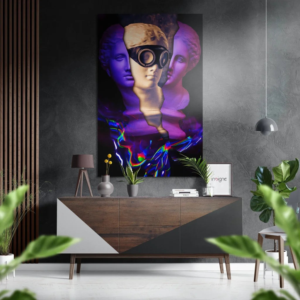 Vibrant neon purple rainbow art on brushed aluminium dibond print