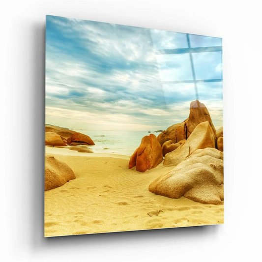 Beige beach rock glass wall art on clear acrylic panel