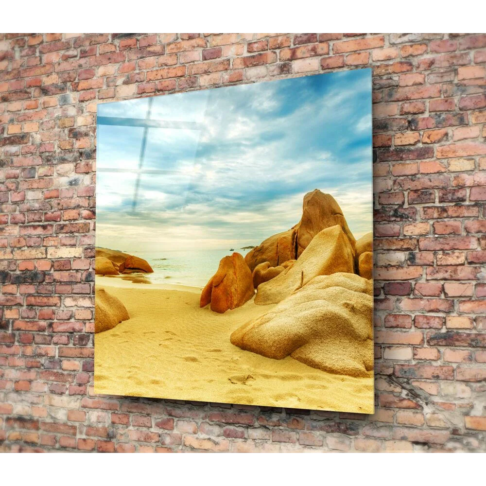 Beige beach rock glass wall art on clear acrylic panel