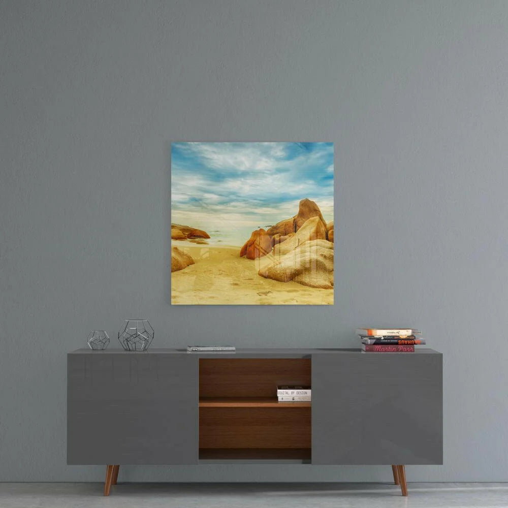 Beige beach rock glass wall art on clear acrylic panel above console