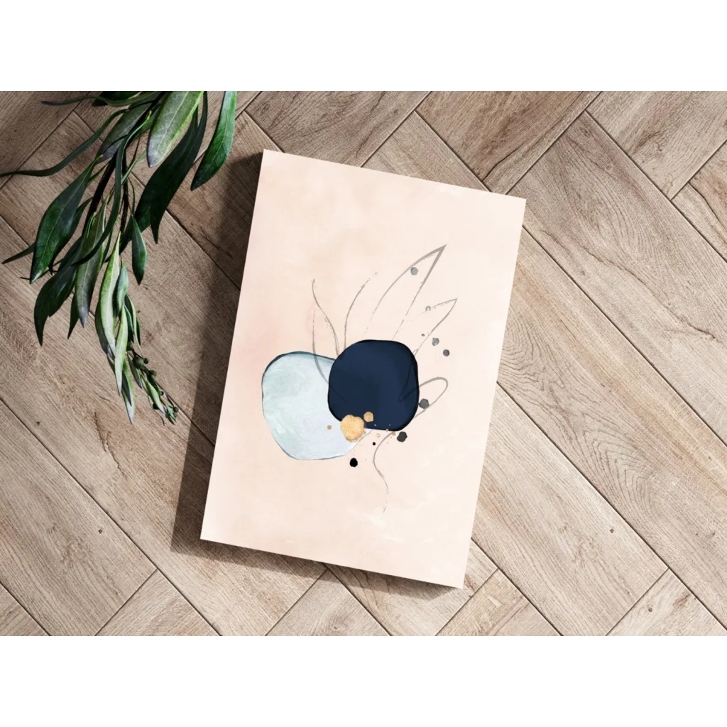 Beige canvas tote bag with abstract blue and black design featuring yellow circle