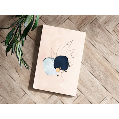 Beige canvas tote bag with abstract blue and black design featuring yellow circle