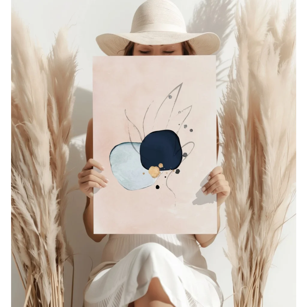 Pink abstract print on beige canvas tote bag with blue and black design