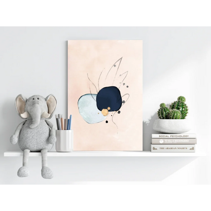 Pink navy abstract art on beige canvas tote with gold accents