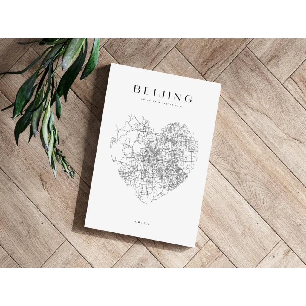 White minimalist Beijing city map poster in black lines on aluminum print