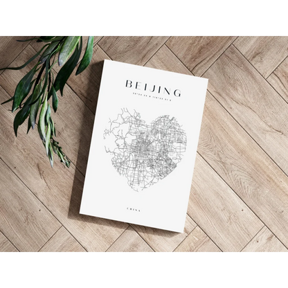 White minimalist Beijing city map poster in black lines on aluminum print