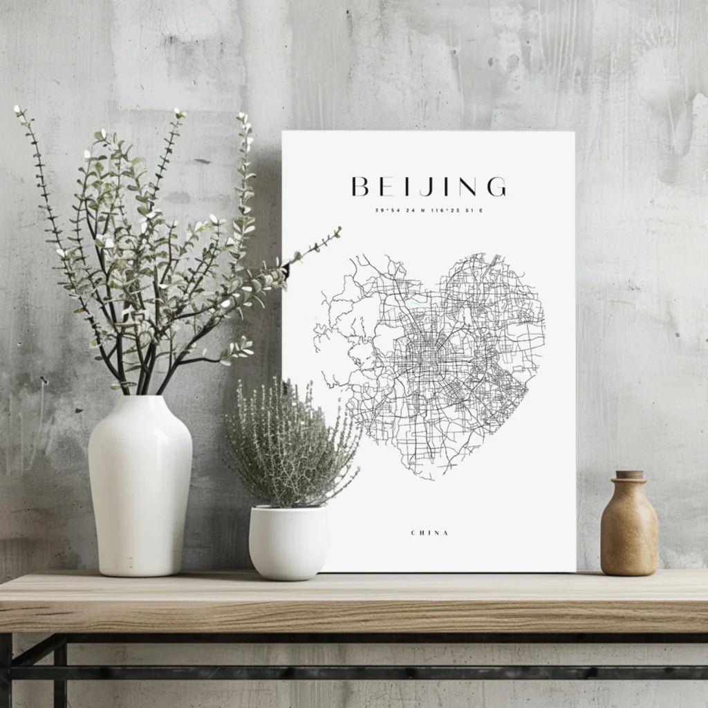 White minimalist Beijing heart map poster on aluminum in black and white