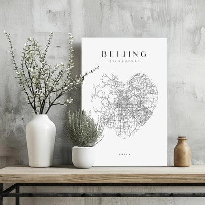 White minimalist Beijing heart map poster on aluminum in black and white