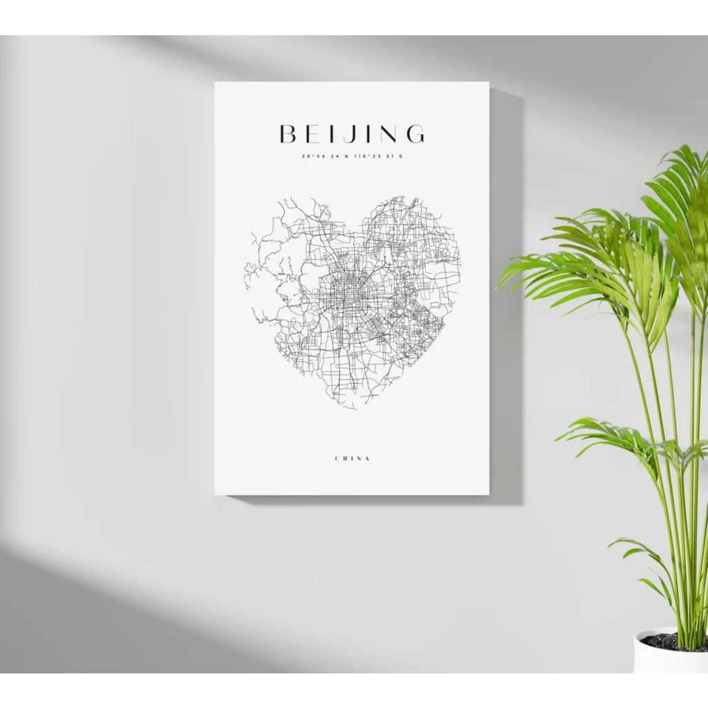 Black and white Beijing city map on sleek aluminum print