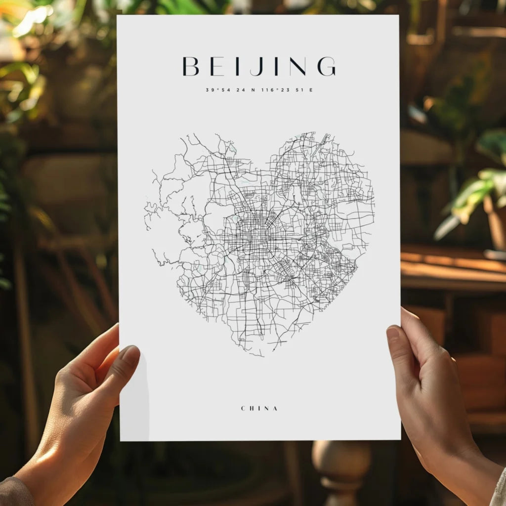 White minimalist Beijing city map poster on black aluminum print