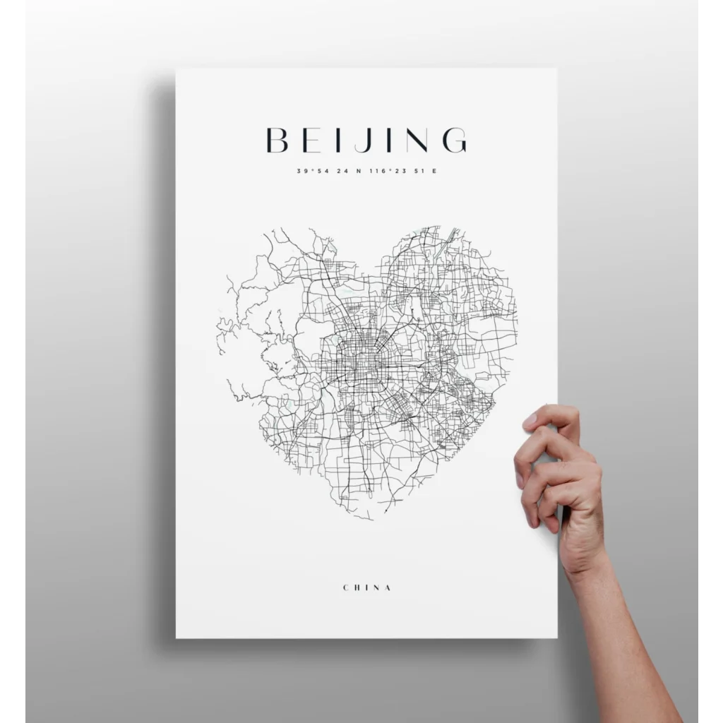 Black and white heart-shaped Beijing map aluminum print