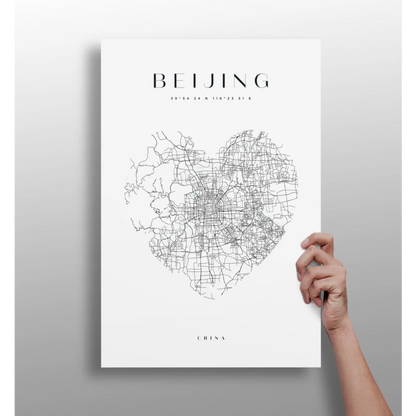 Black and white heart-shaped Beijing map aluminum print