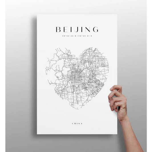 Black and white heart-shaped Beijing map aluminum print