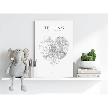 Grey plush elephant toy with soft texture, large ears on Beijing Heart Map aluminum print