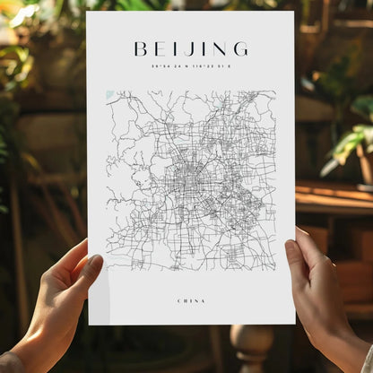Minimalist black line Beijing street map on white aluminum print