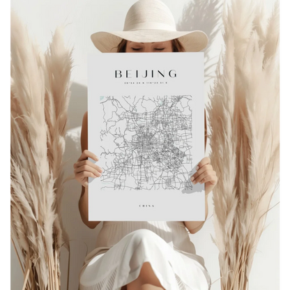 Minimalist black-and-white Beijing street map on aluminum print