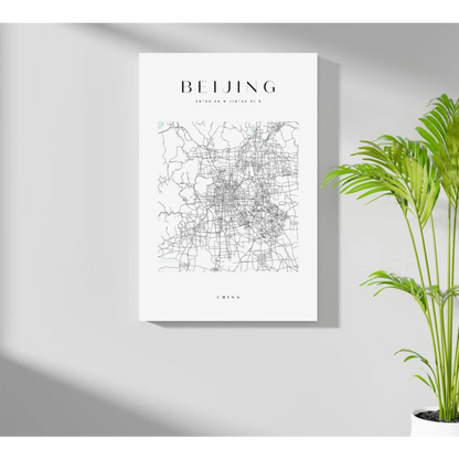 Minimalist black line-art Beijing map on white-framed aluminum print