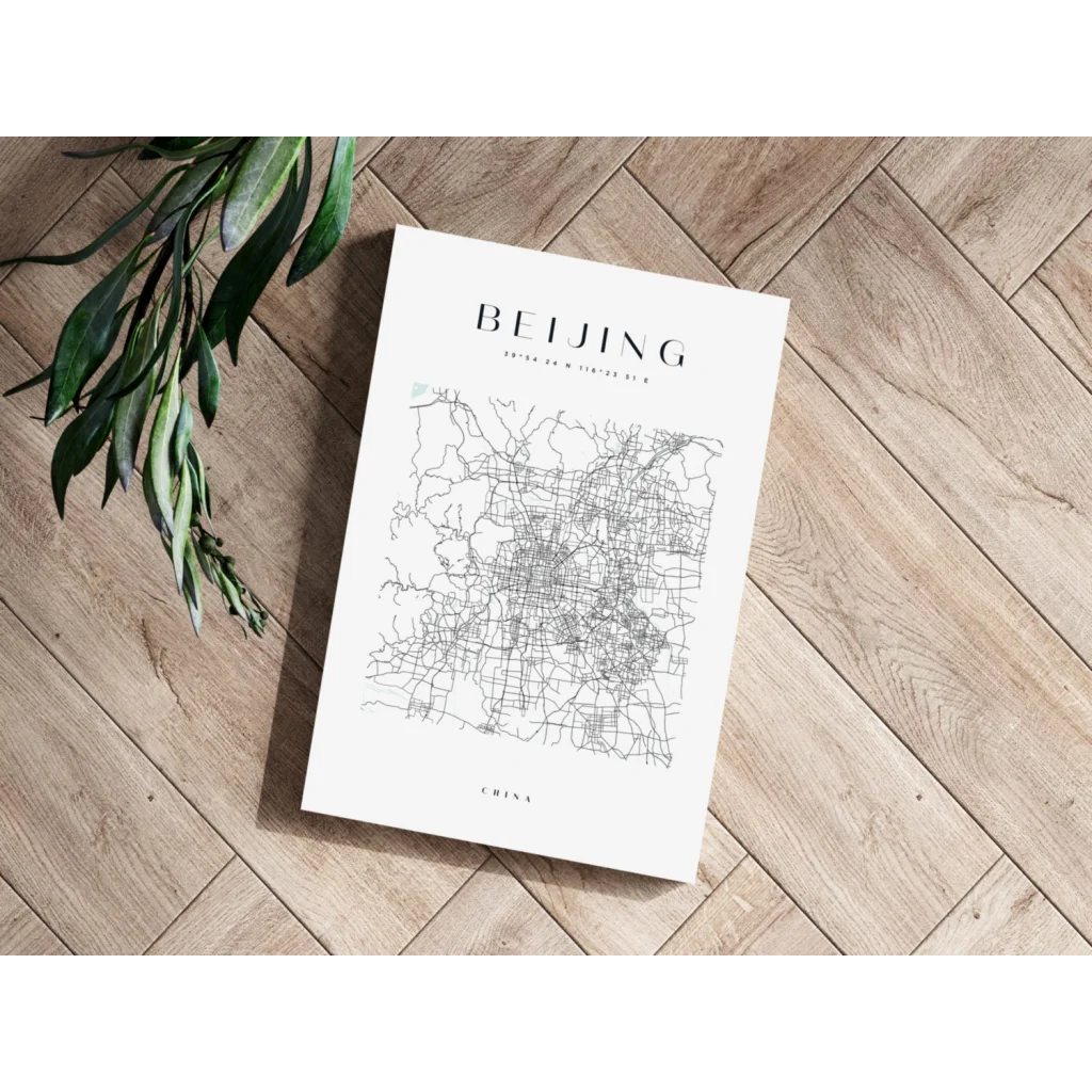 Minimalist black line Beijing street map on white poster aluminum print