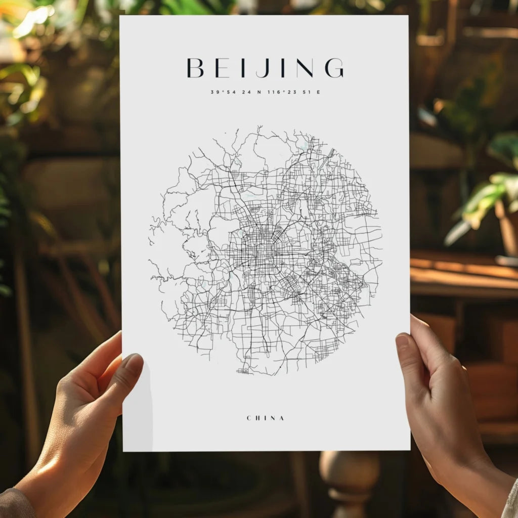Minimalist black-and-white Beijing map on insigne aluminum print poster
