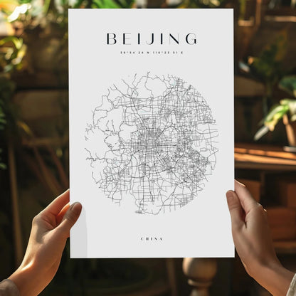 Minimalist black-and-white Beijing map on insigne aluminum print poster