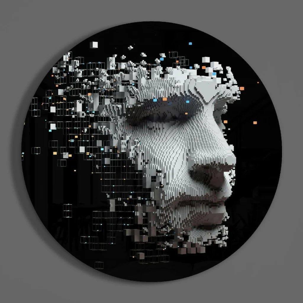 Pixelated Face Tempered Glass Art with Glowing Cubes | Modern Wall Art Decor | vintageantiquesgifts.com